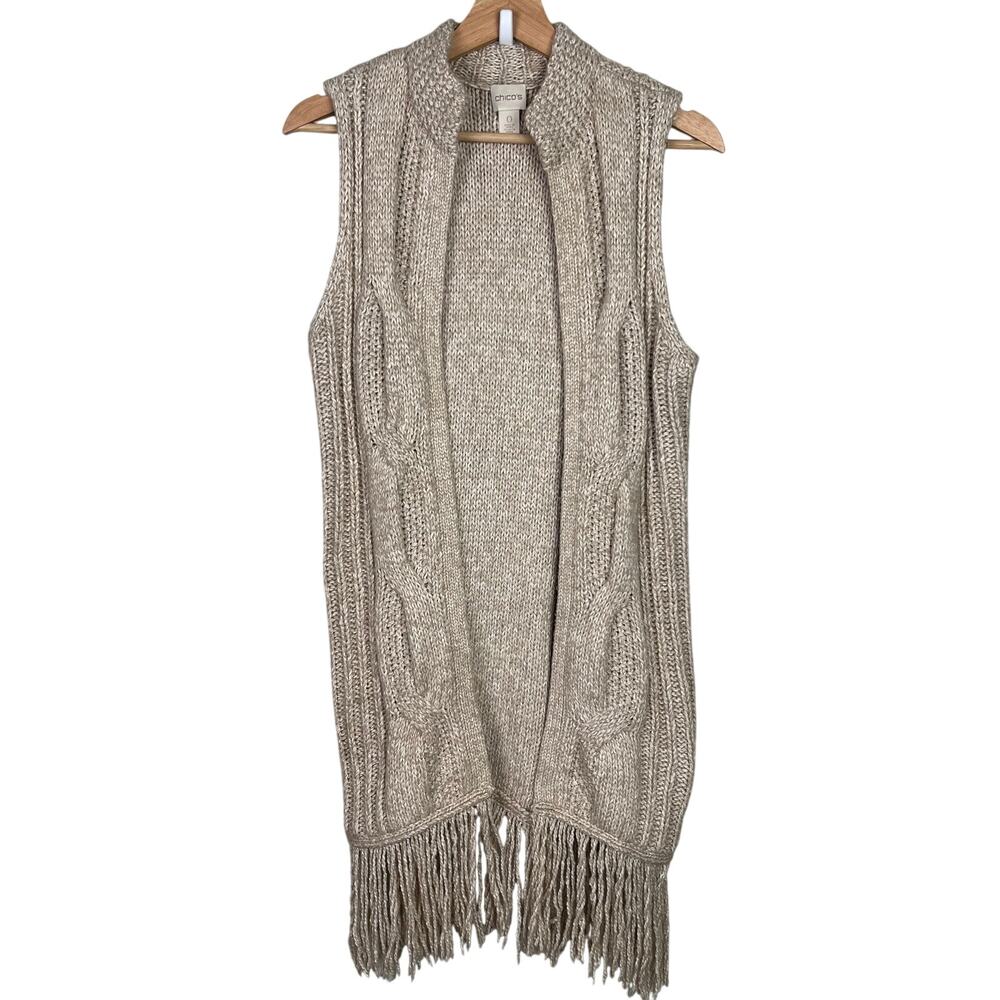 Chico's Beige Long Fringe Open Front Midi Sweater Vest Size 0 (U.S. Small) Boho